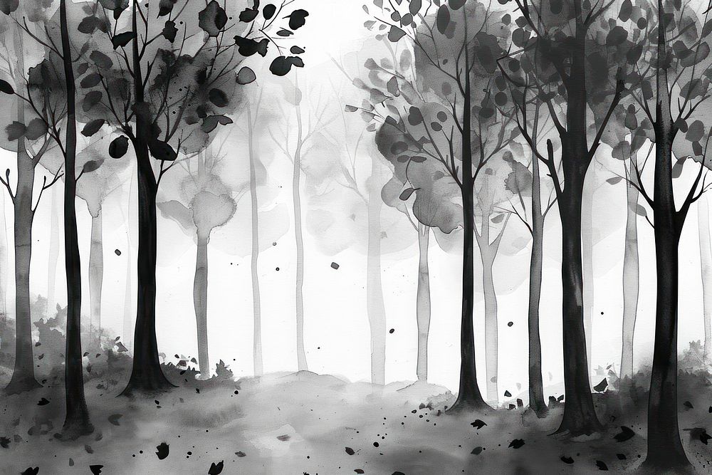 Autumn forest monochrome outdoors painting.