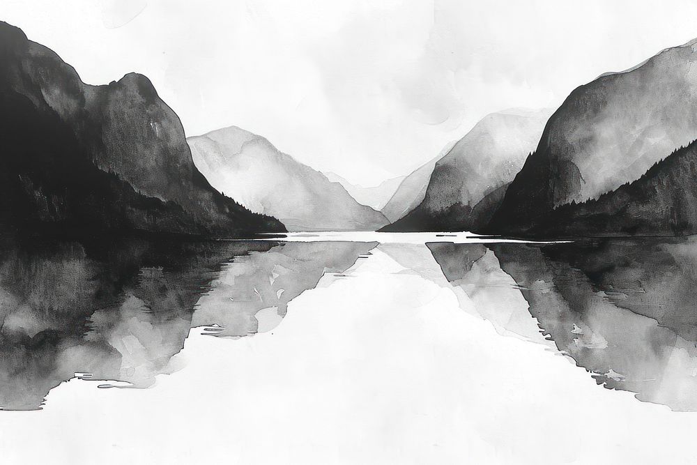 Fjords monochrome mountain painting.