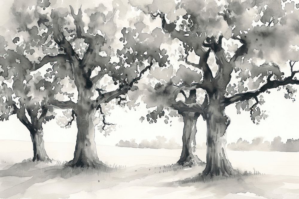 Oak trees monochrome painting drawing.