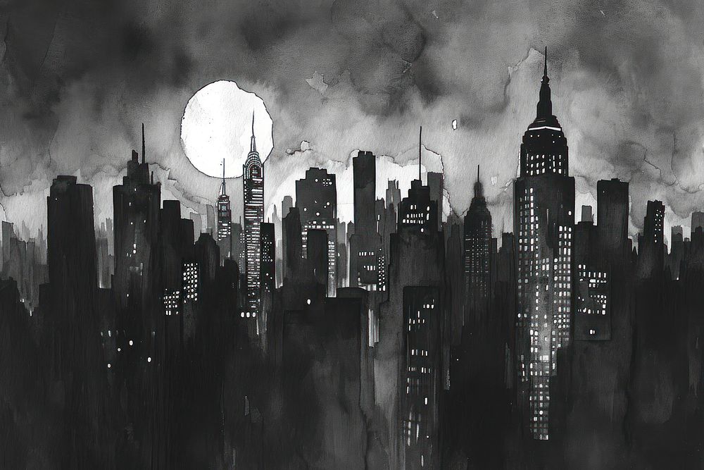 New york city night architecture metropolis monochrome.