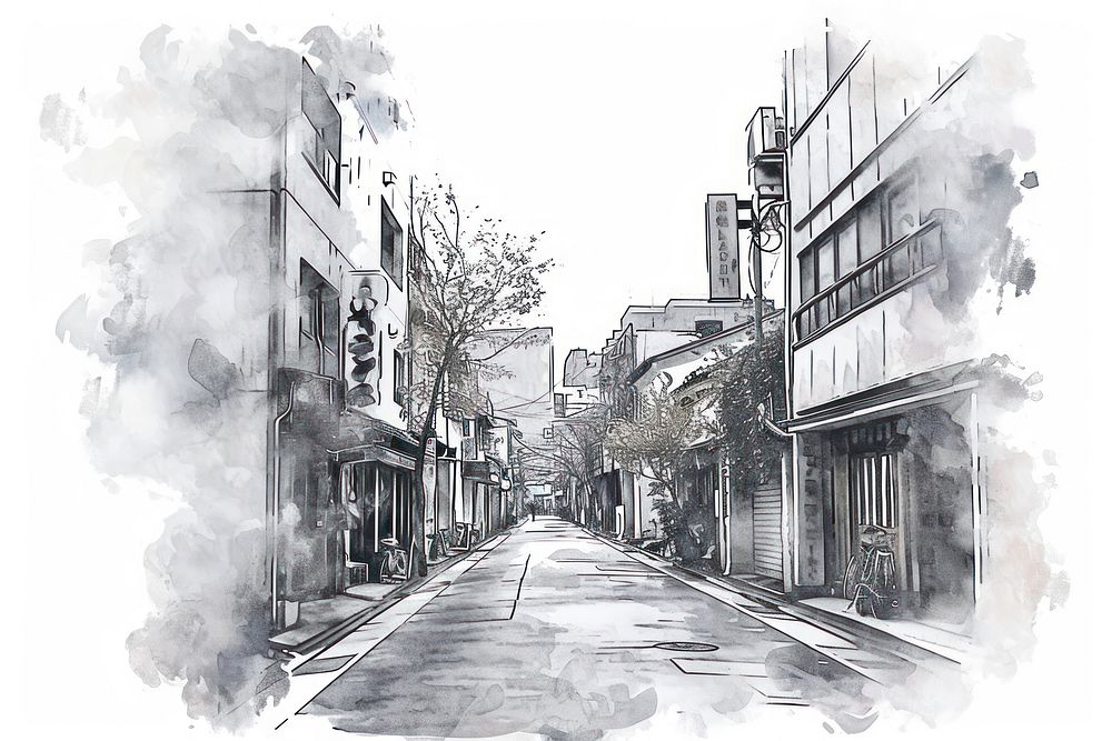 Street city monochrome drawing.