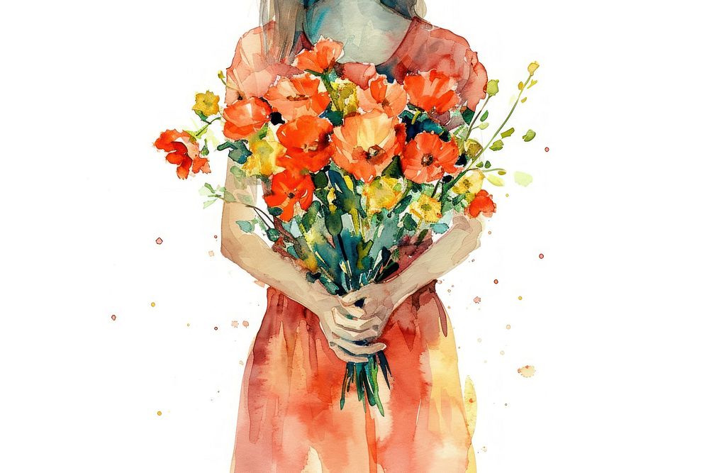 Woman holding flower bouquet painting plant petal.