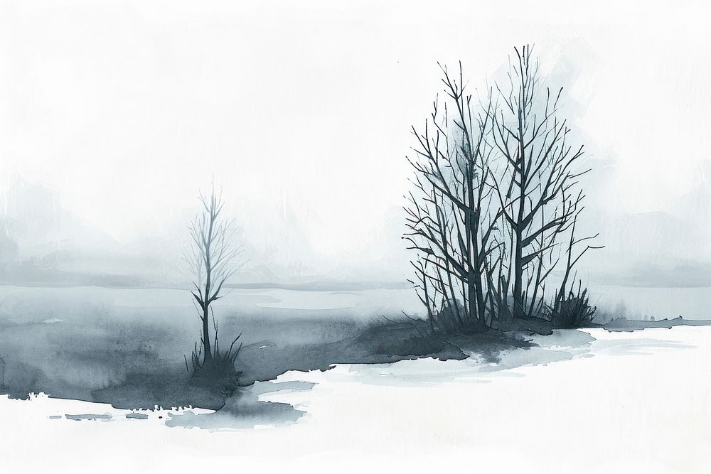 Winter monochrome painting drawing.