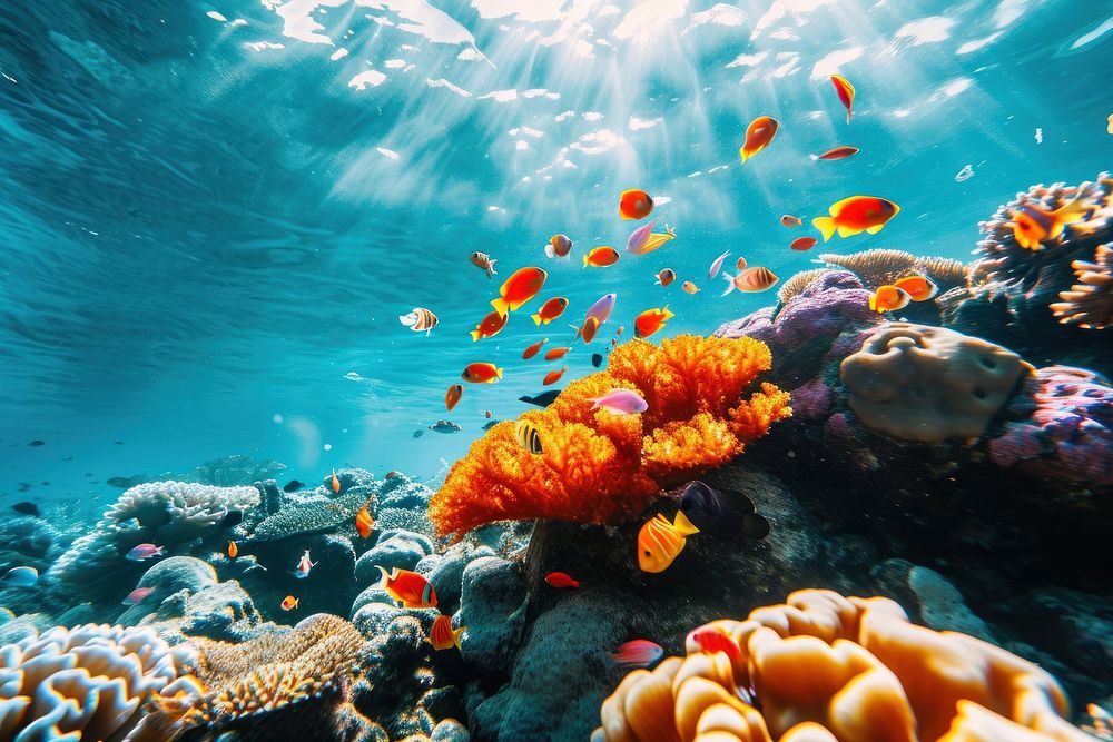 Wide angle underwater photo of coral and sea fishes outdoors aquatic nature.