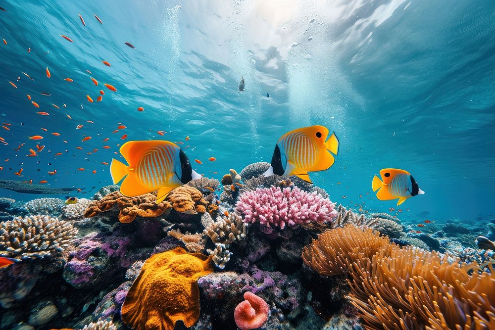 Wide angle underwater photo of coral and sea fishes animal outdoors aquatic.