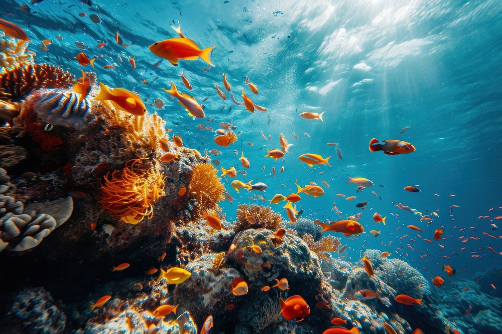 Wide angle underwater photo of coral and sea fishes animal outdoors aquatic.