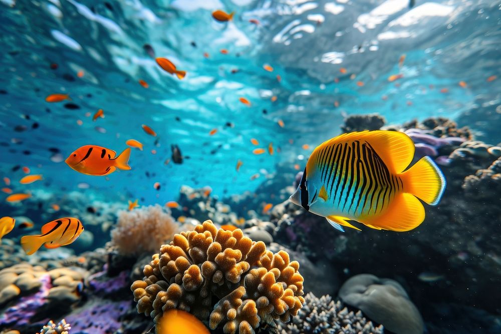 Wide angle underwater photo of coral and sea fishes animal aquarium outdoors.