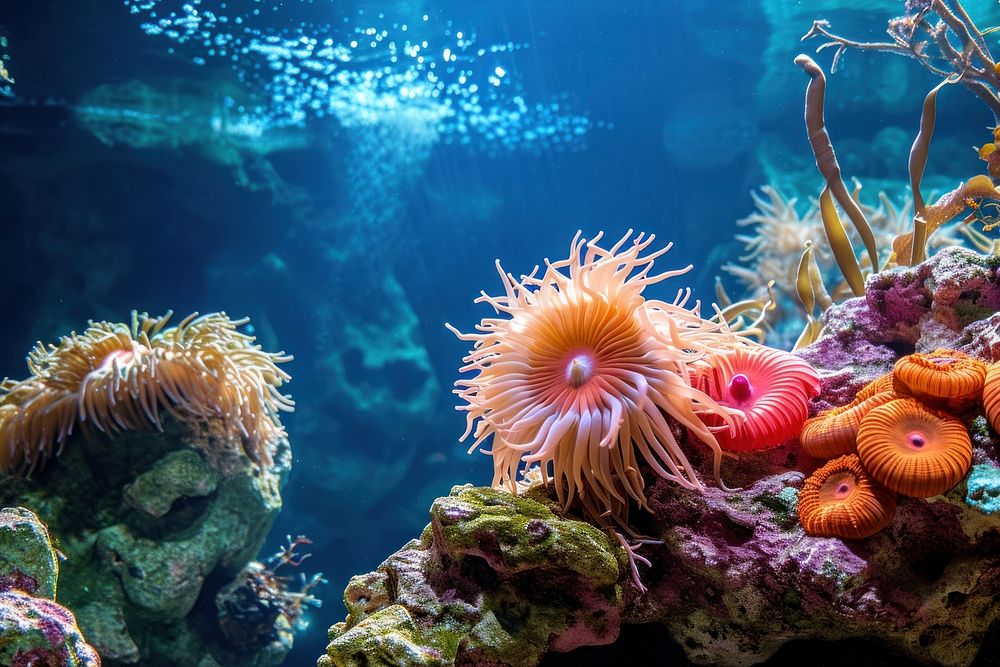 Wide angle underwater photo of corals and sea anemones and sea sponges animal aquarium outdoors.