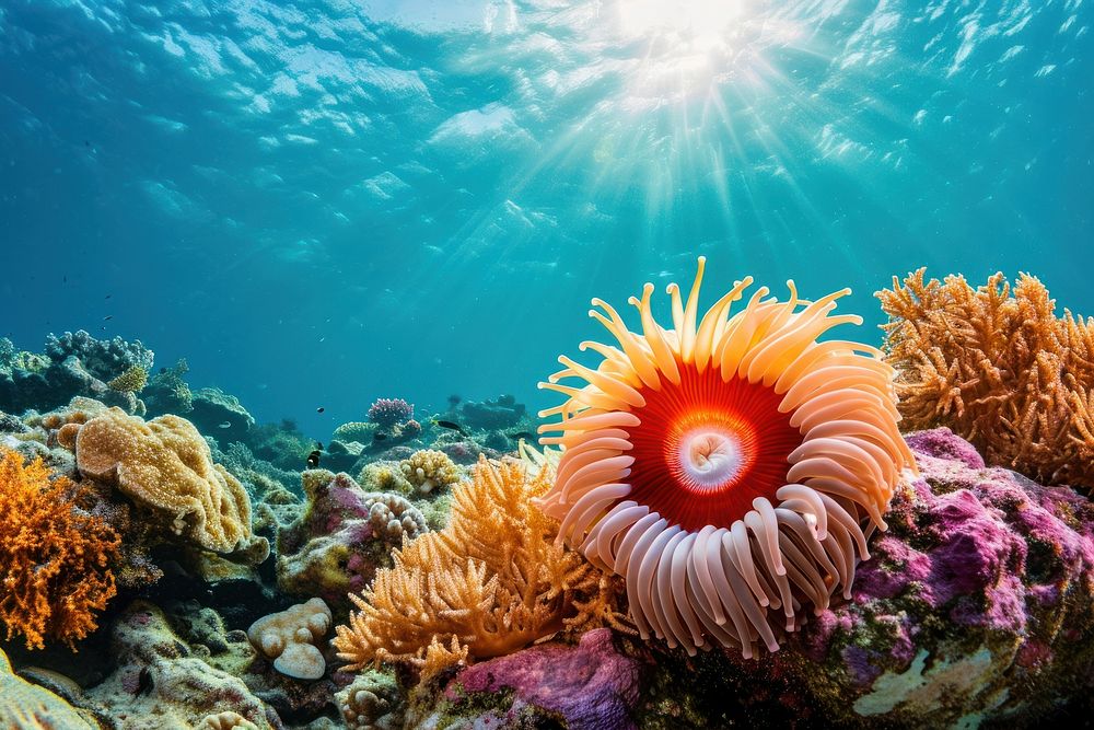 Wide angle underwater photo of corals and sea anemones and sea sponges outdoors aquatic nature.