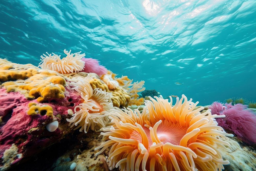 Wide angle underwater photo of corals and sea anemones outdoors aquatic nature.