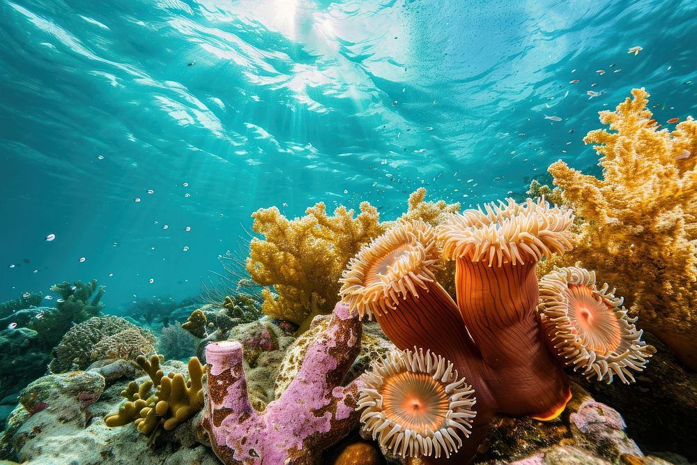 Wide angle underwater photo of corals and sea anemones and sea sponges animal outdoors aquatic.