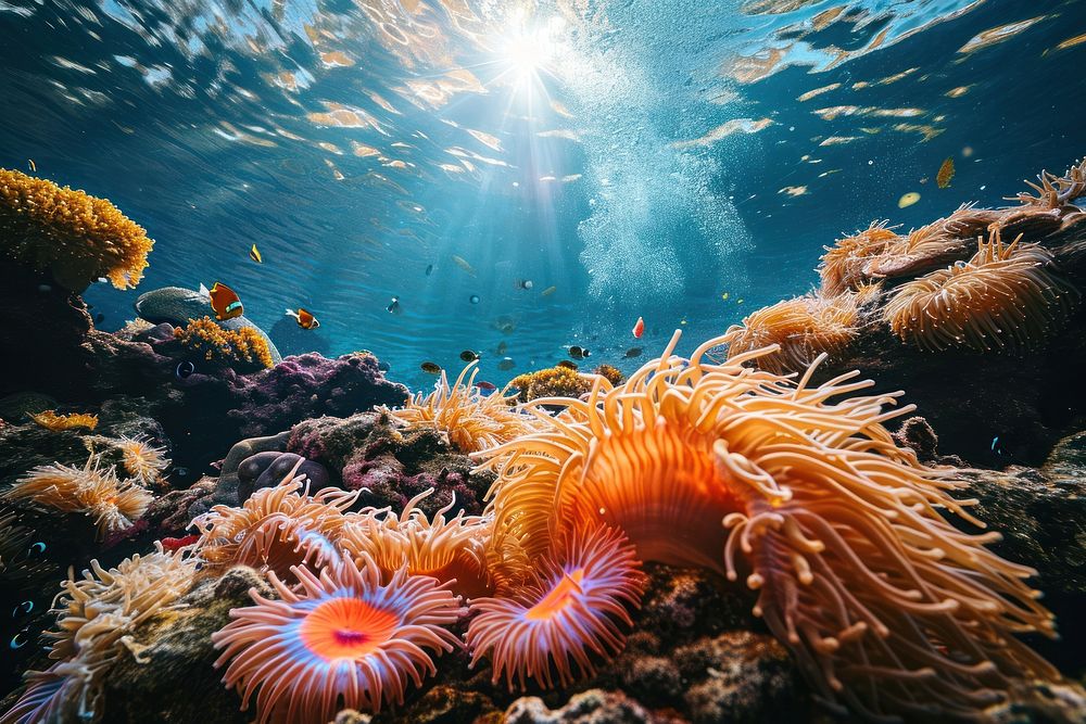 Wide angle underwater photo of corals and sea anemones animal outdoors aquatic.