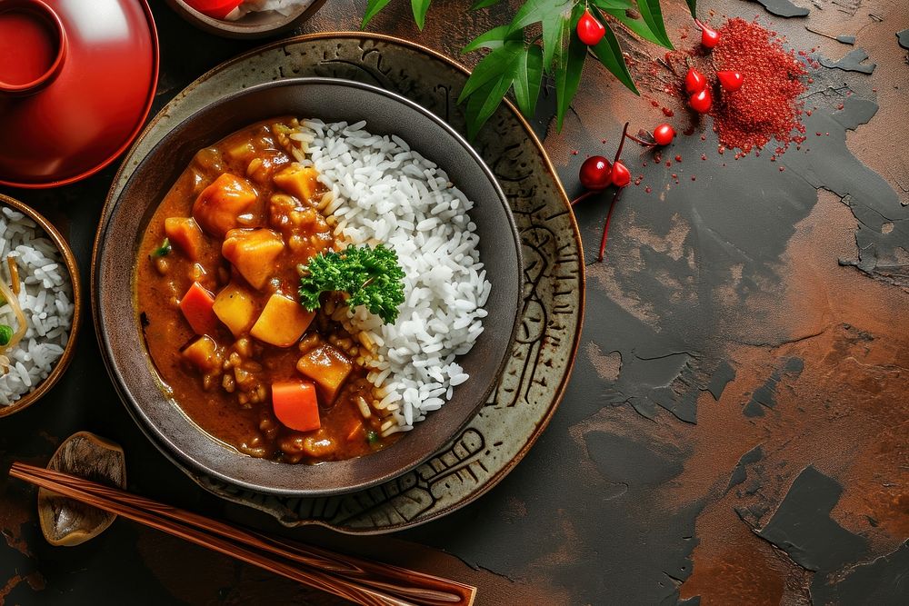 Japanese curry rice food chopsticks vegetable. AI generated Image by rawpixel.