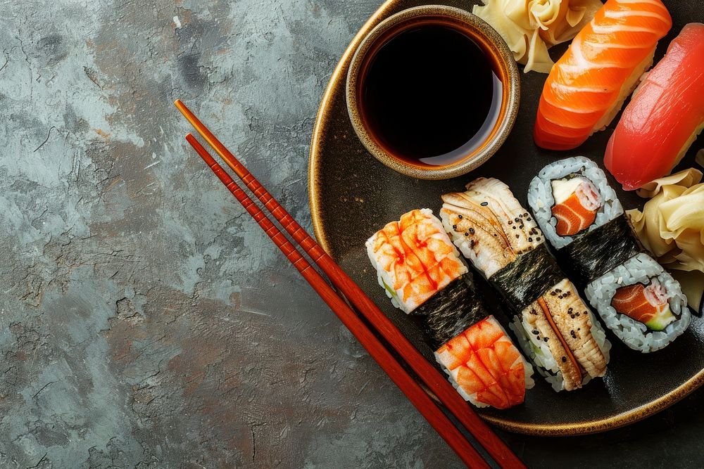 Sushi on a dish chopsticks food freshness. AI generated Image by rawpixel.