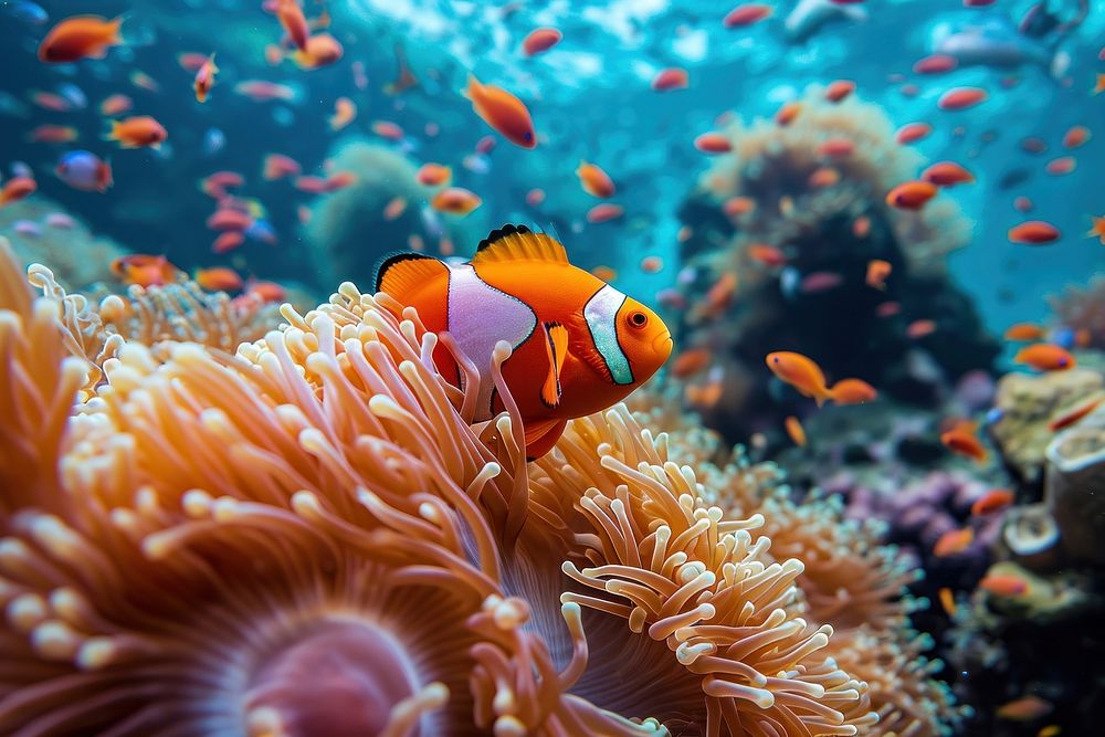 Top view underwater photo of sea fishes and corals and sea anemones animal outdoors aquatic.