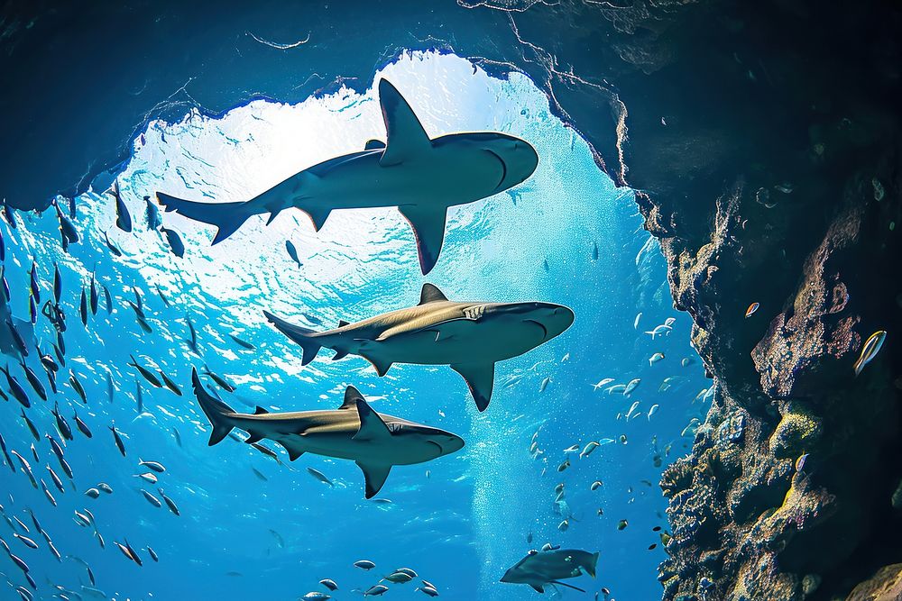 Underwater photo of 3 sharks swimming with other sea fishes in blue ocean animal outdoors aquatic.