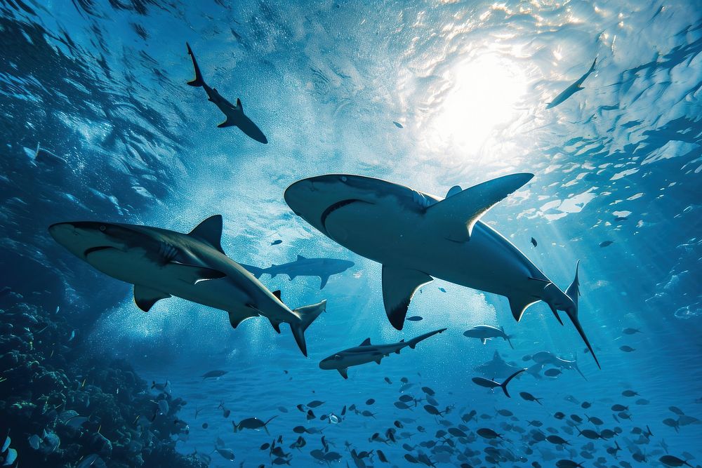 3 sharks animal fish underwater.