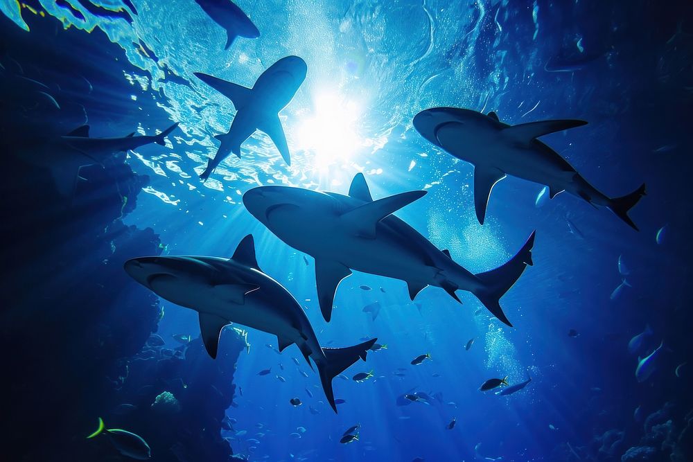 Underwater photo of 3 sharks swimming with other sea fishes in blue ocean animal outdoors aquatic.