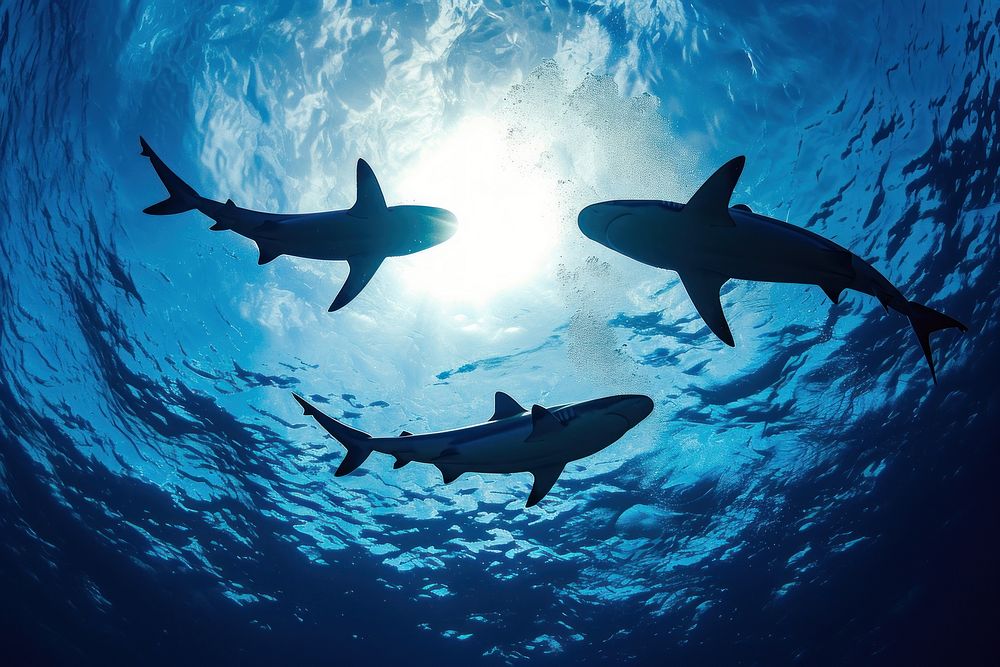 Underwater photo of 3 sharks swimming in blue ocean animal outdoors aquatic.