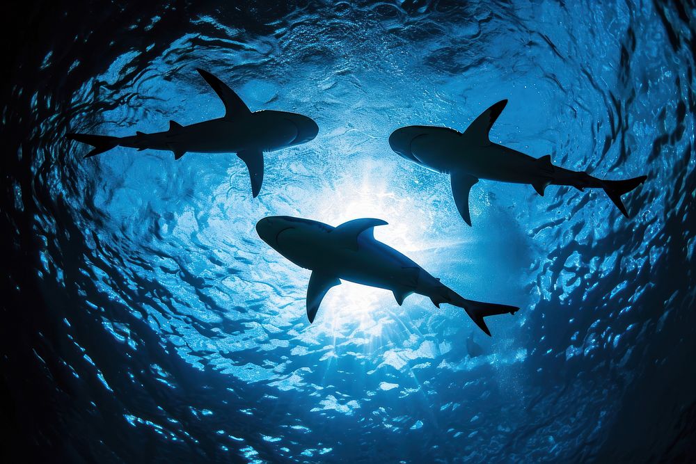 3 sharks animal underwater swimming.