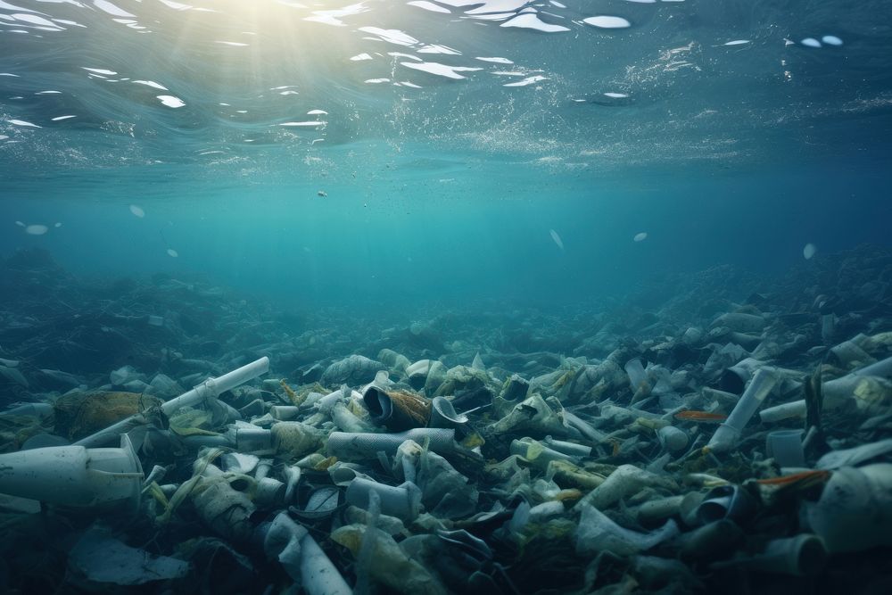Trash in the sea underwater swimming outdoors. AI generated Image by rawpixel.