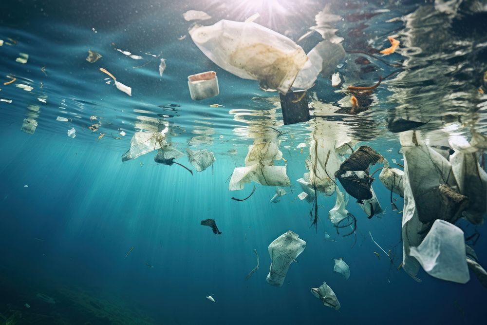 Trash in the sea underwater pollution outdoors. AI generated Image by rawpixel.