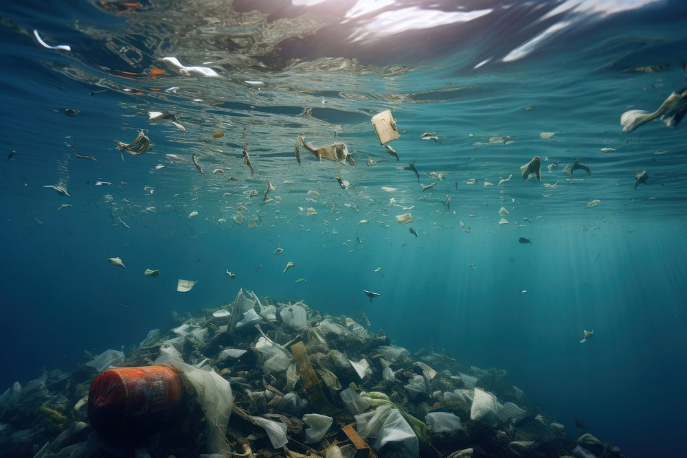 Trash in the sea underwater pollution swimming. 