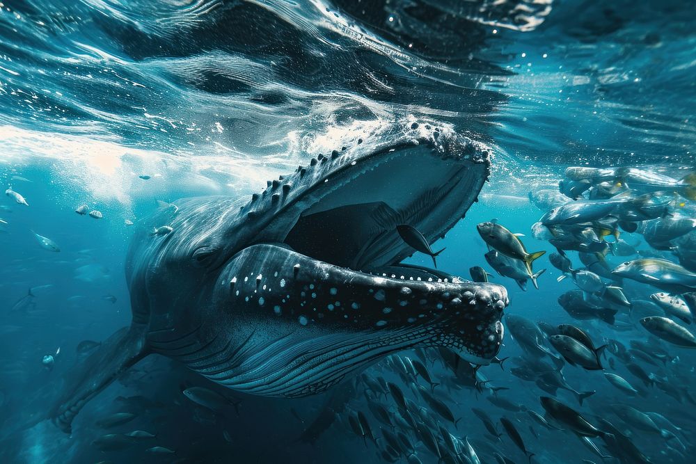 Underwater photo of whale open mouth for eating large group of fishes animal outdoors mammal.