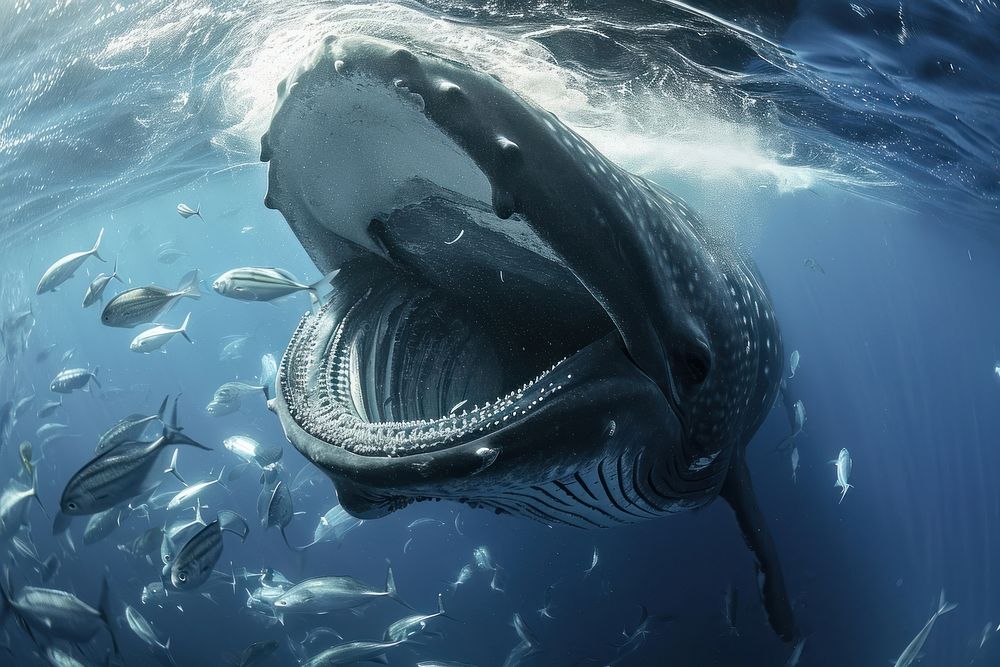Underwater photo of whale open mouth for eating large group of fishes animal mammal marine.