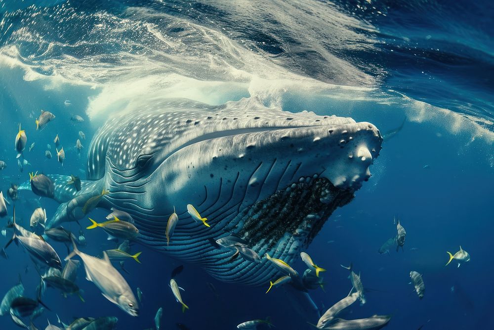 Underwater photo of whale open mouth for eating large group of fishes animal outdoors mammal.