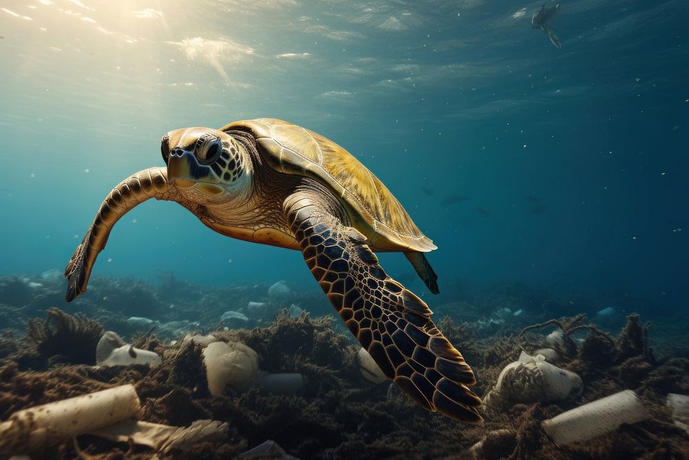 A sea turtle swim through trash underwater outdoors reptile. AI generated Image by rawpixel.
