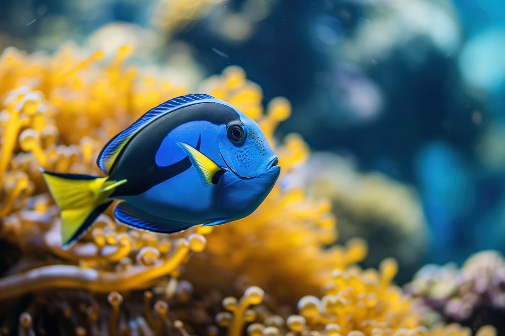 Underwater photo of blue tang animal outdoors marine.