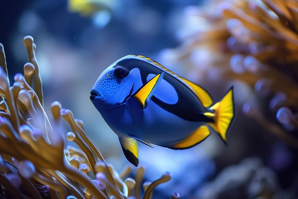 Underwater photo of blue tang animal marine fish.