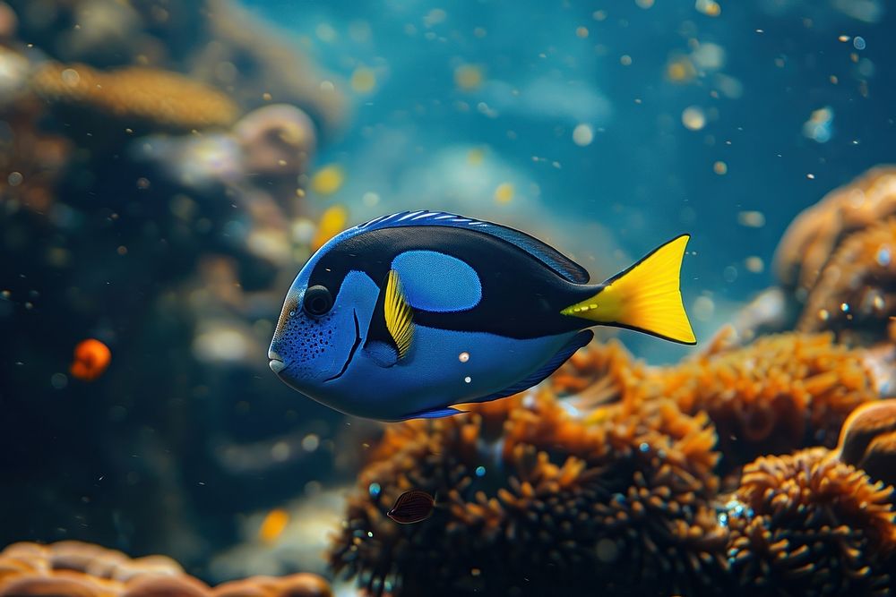 Underwater photo of blue tang animal outdoors nature.