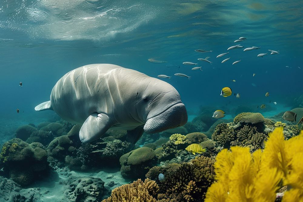 Underwater photo of dugong animal outdoors aquatic.