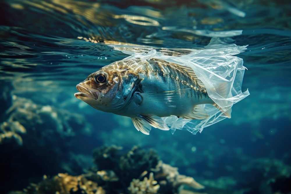 Fish struck in plastic bag in the sea underwater outdoors nature. AI generated Image by rawpixel.