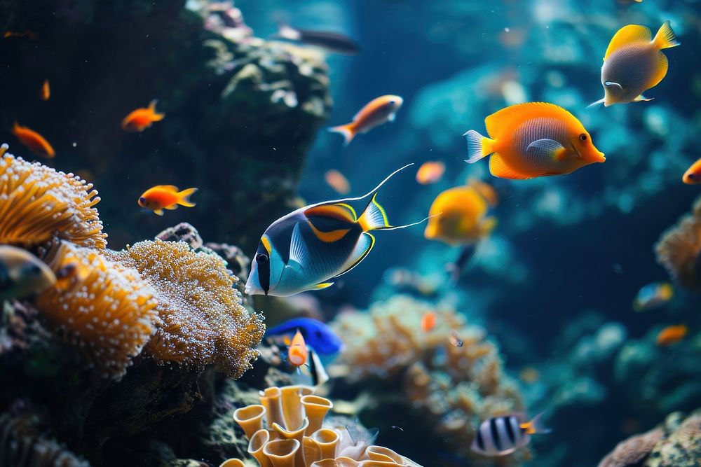 Underwater photo of fishes and corals animal aquarium outdoors.
