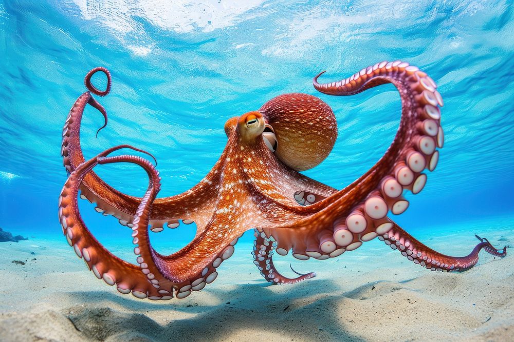 Underwater photo of full body of octopus animal marine invertebrate.