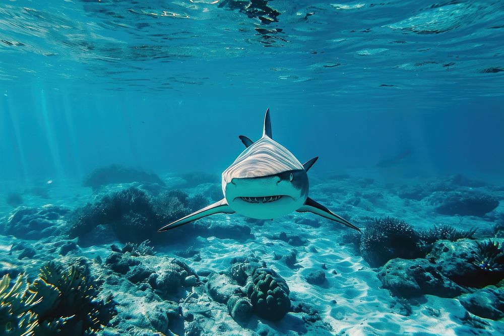 Underwater photo of full body of shark animal outdoors nature.