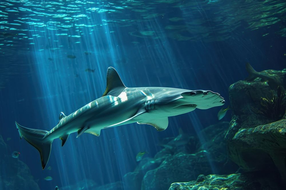 Underwater photo of hammerhead shark animal outdoors aquatic.