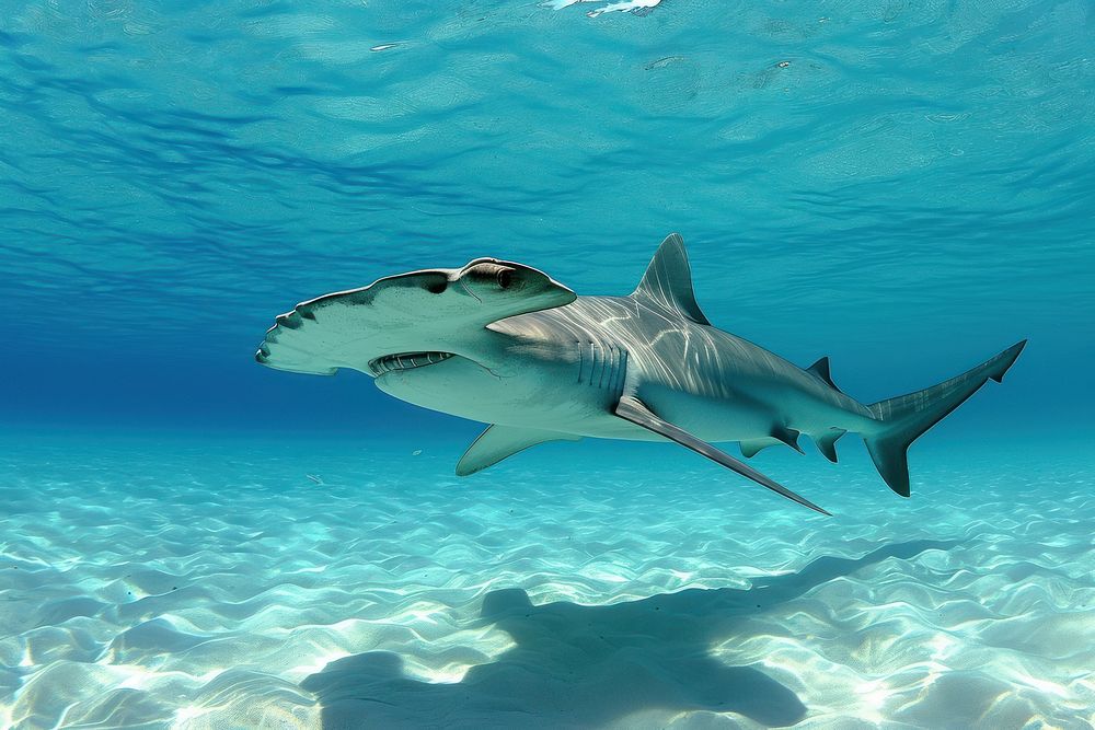 Underwater photo of hammerhead shark animal outdoors nature.
