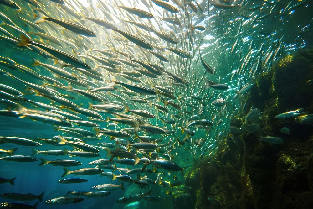 Underwater photo of huge group of sardine shoal animal marine fish.