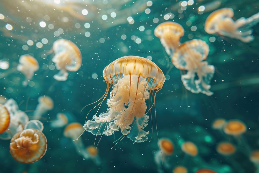 Underwater photo of jellyfishes animal marine invertebrate.