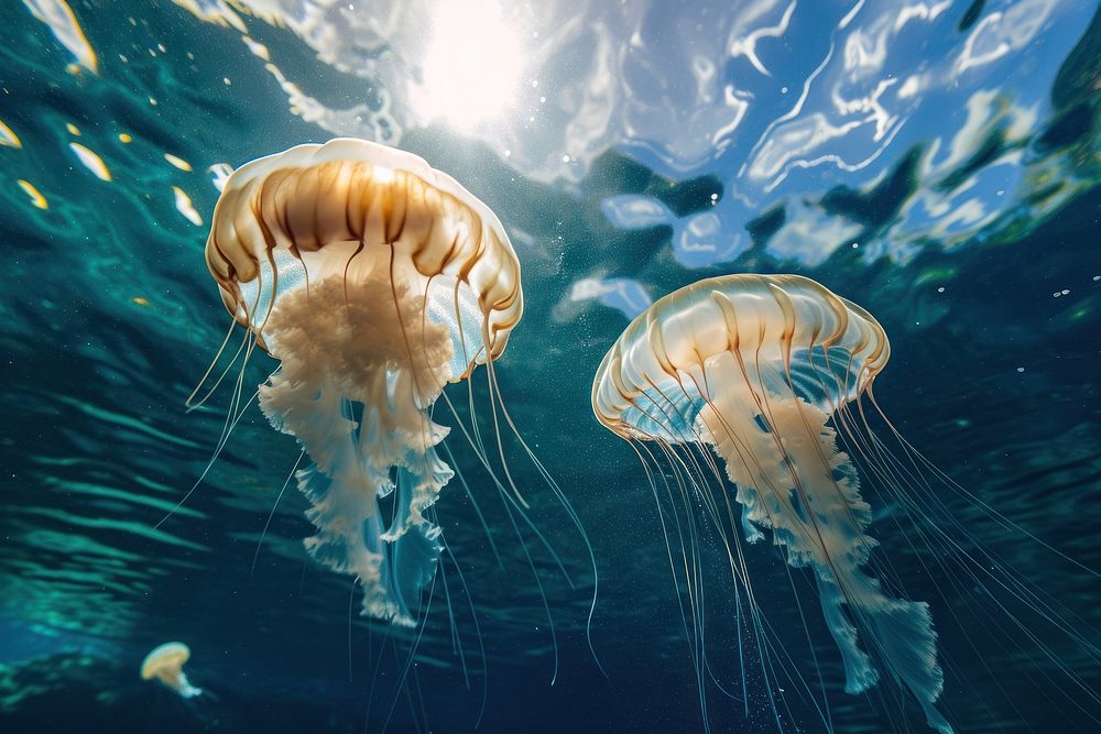 Underwater photo of jellyfishes animal aquatic marine.