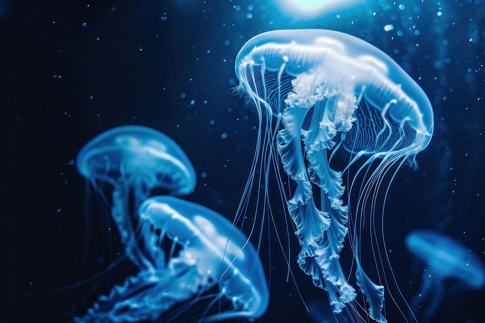 Underwater photo of jellyfishes animal marine blue.