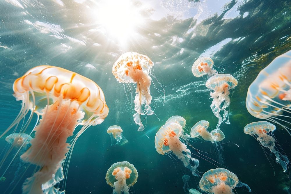 Underwater photo of jellyfishes animal outdoors marine.