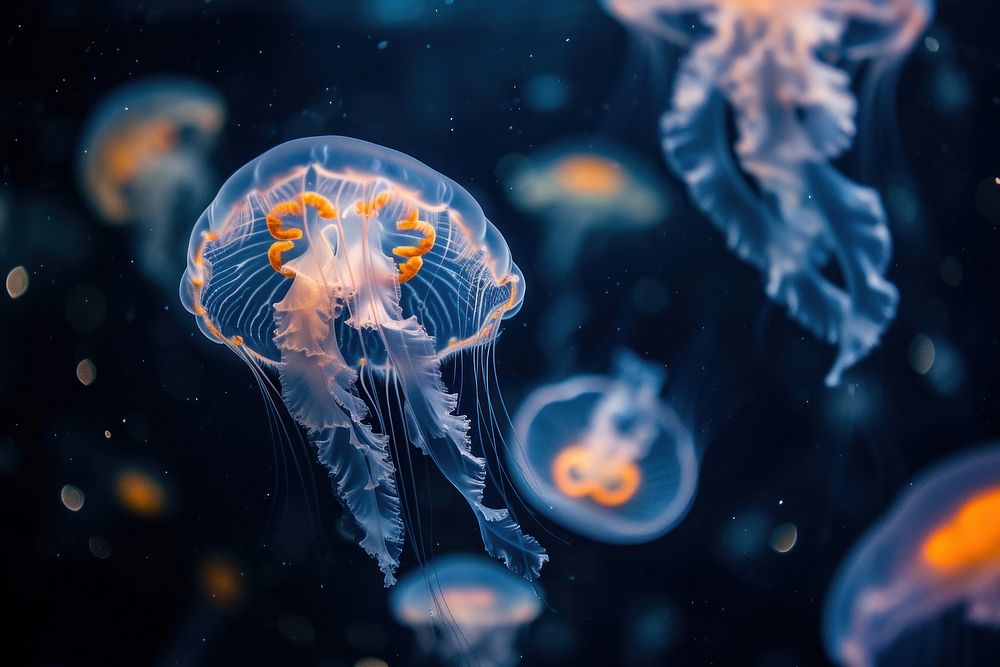 Underwater photo of jellyfishes marine animal invertebrate.