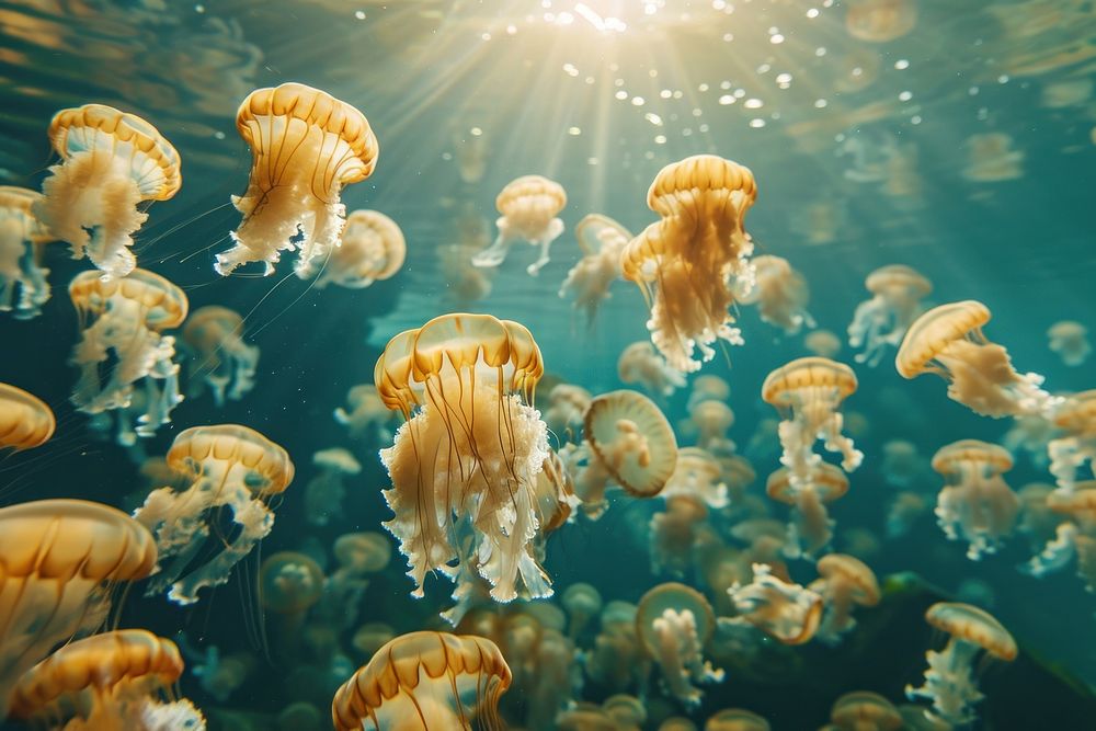 Underwater photo of jellyfishes animal aquatic marine.