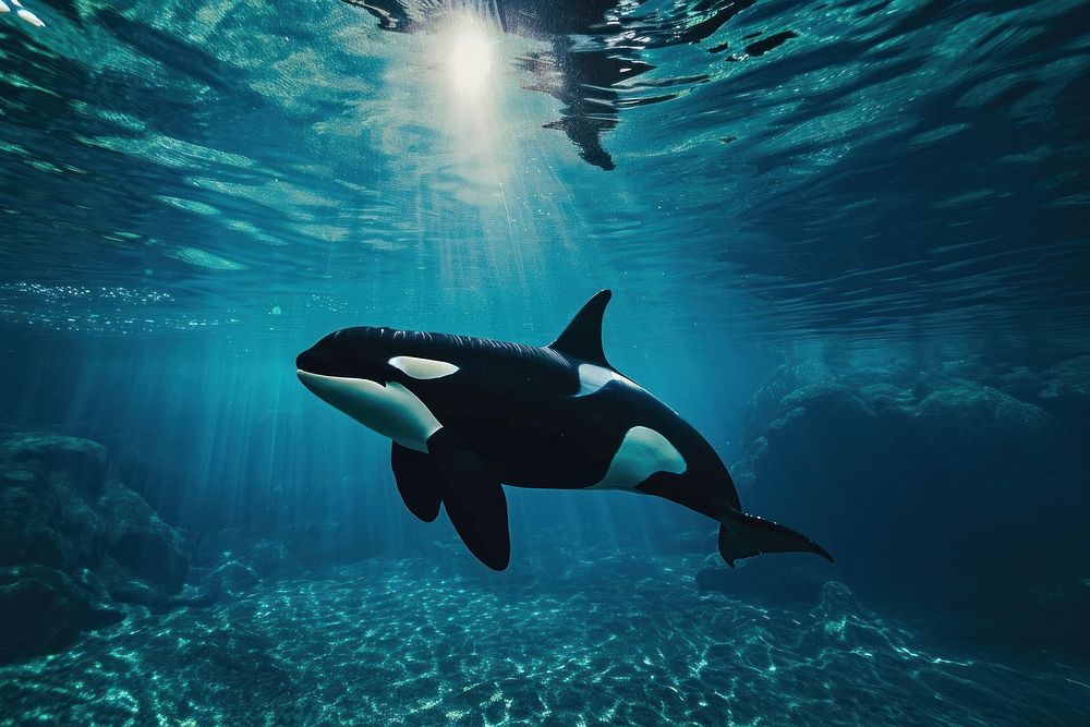 Underwater photo of natural orca animal outdoors aquatic.