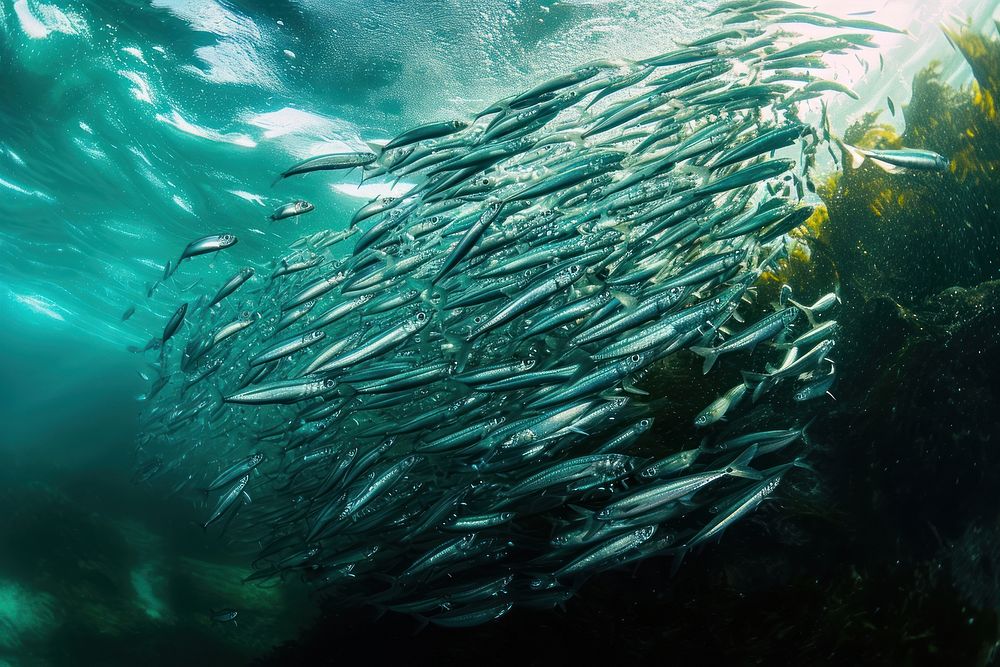 Underwater photo of sardines animal outdoors nature.